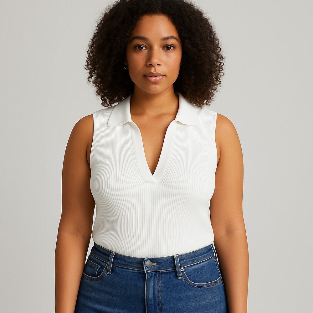 H Halston White Ribbed Knit Sleeveless Collared Polo Top Women’s XL
